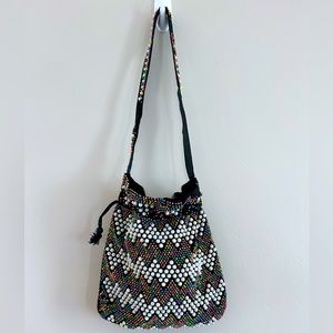 Vintage Beaded Drawstring Tote Bucket Bag